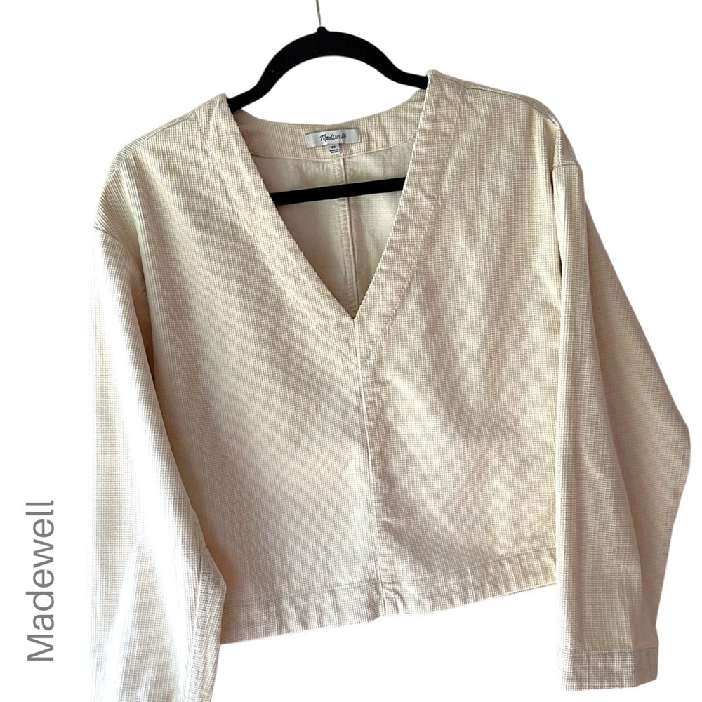 MADEWELL | NWOT WAFFLE-KNIT COTTON V-NECK TOP LONG SLEEVES | EXTRA SMALL